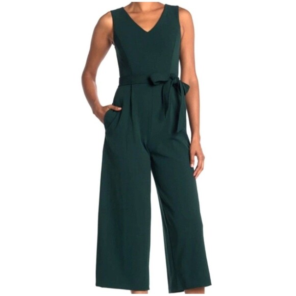 NWT Calvin Klein Green Crinkle Wide Leg Crop Jumpsuit Size 6 Sleeveless Belted - Picture 2 of 8